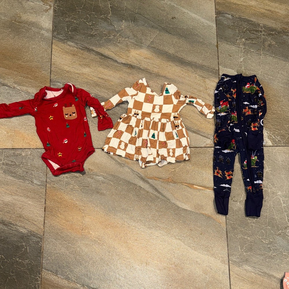 Little sleepies baby Christmas bundle - reindeer and Santa - dress, onesie& pjs
